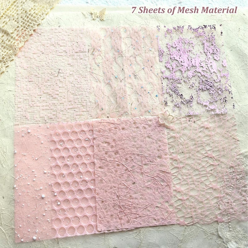 Flartmo 20 Unique A5 Textured Scrapbook Paper & Mesh Fabric Set, Handmade Craft Paper for Scrapbooking, Junk Journal Supplies, Card Making, Decoupage, Collage & Gift Embellishments (Pink) - Image 4
